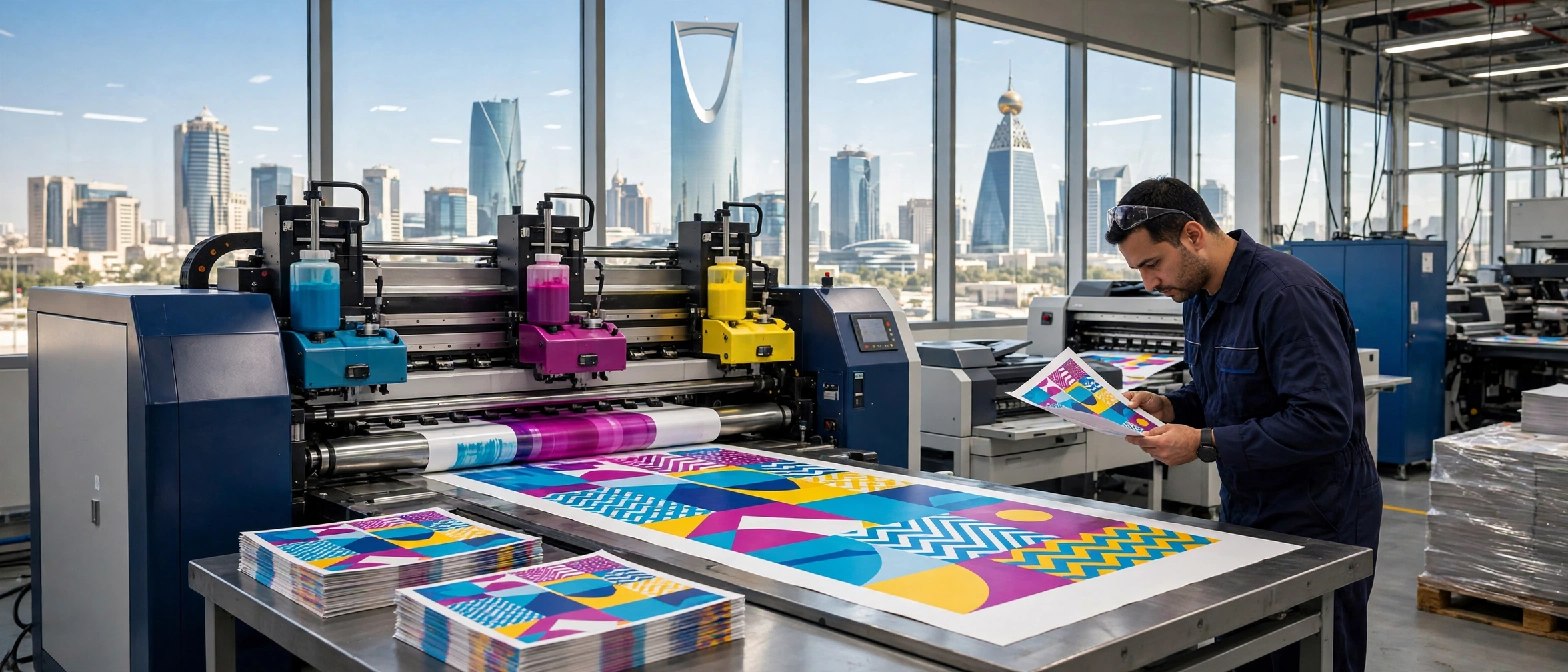 Professional printing press in Riyadh with skyline